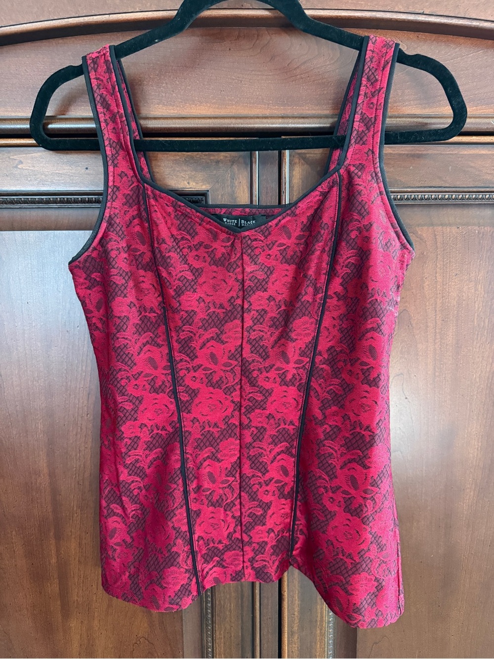 White House Black Market Red and Black Lace-Pattern Tank Top